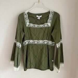 meg* Cotton Tunic Top Olive Green Size Medium Bell Sleeves Lace Festival NWOT